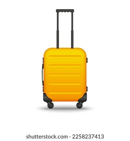 Yellow hard suitcase on wheels with retractable handle front view, realistic vector object isolated on white background.