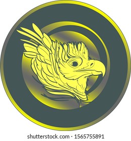 Yellow Harpy eagle head in grey circle. Vector illustration.