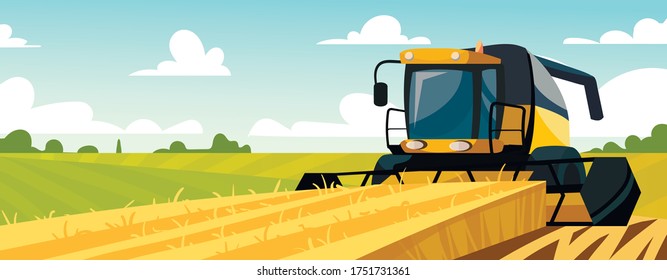 La cosecha amarilla recoge el cultivo en el campo. Ilustración vectorial al estilo de las caricaturas.