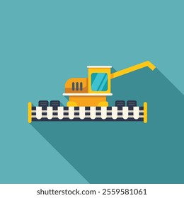 Yellow harvester machine harvesting rice or wheat field flat design icon illustration on blue background with long shadow