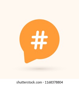 Yellow hashtag icon inside сhat bubble. Button or notice. Vector illustration.