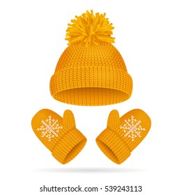 Yellow Hat with a Pompom and Mitten Set Knitted Seasonal Winter Accessories Vector illustration