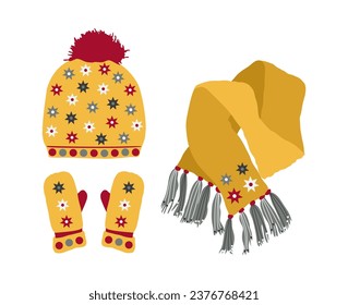 Yellow Hat with a Pompom, Scarf and Mitten Set Knitted Seasonal Winter Traditional Accessories with stars
