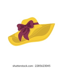 A yellow hat with a purple bow is on a white background.