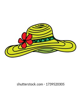 Yellow hat with red flower, cartoon icon on a white isolated background.