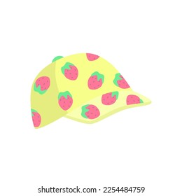 Yellow hat with strawberries for children vector illustration. Cartoon drawing of colorful accessory for babies or kids isolated on white background. Summer, fashion, childhood concept