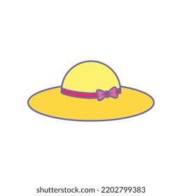 Yellow hat for sun protection headwear with ribbon. Woman summer hat, Girl sun cap for beach and summer vacation accessory icon. Vector illustration filled outline style. EPS10