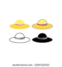 Yellow hat for sun protection headwear with ribbon. Woman summer hat, Girl sun cap for beach and summer vacation accessory icon. Vector illustration. Design on white background. EPS10