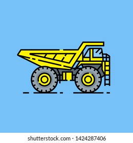 Yellow haul truck line icon. Heavy industry dump truck symbol. Large yellow construction vehicle graphic isolated on blue background. Vector illustration.