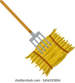 Yellow haystack and hayfork. Cartoon flat illustration. Rustic sheaf. countryside harvest of crop. Organic food and fork