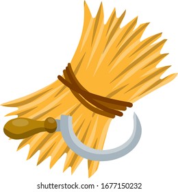 Yellow haystack and sickle. countryside harvest of crop. Organic food and hook. Cartoon flat illustration. Rustic sheaf
