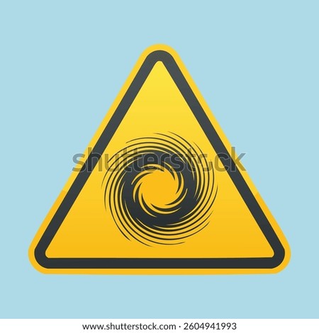 Yellow hazard sign, vortex symbol in center, black outline. Blue background. Warning sign