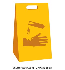 Yellow hazard warning sign with a corrosive liquid and hand symbols