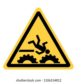 Yellow hazard warning sign with a falling person in the driving gear