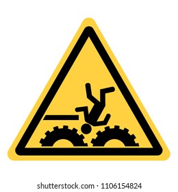 Yellow hazard warning sign with a falling person in the driving gear