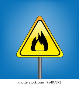Yellow hazard warning sign on against blue sky - open flame warning, vector version