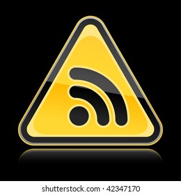 Yellow hazard warning sign with rss symbol on black background