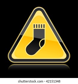 Yellow hazard warning sign with sock symbol on black background