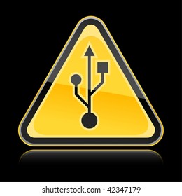 Yellow hazard warning sign with usb symbol on black background