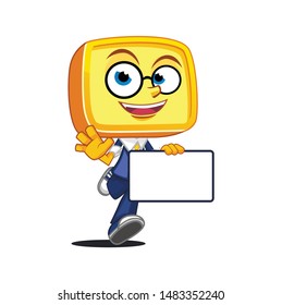 yellow head box character design mascot. with blue shirt
