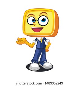 yellow head box character design mascot. with blue shirt