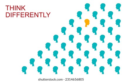 yellow head right facing in group of blue heads facing left for infographic. used for presentation, information layout, and banner. Think differently concept.