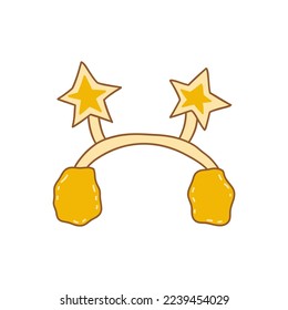 Yellow headband with star antennas. Colorful vector isolated illustration hand drawn doodle. Festive accessory. Winter season, holiday carnival costume, designe element, card or icon contour