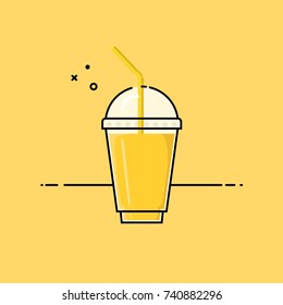 Yellow healthy smoothie in a plastic cup. Flat vector illustration. 