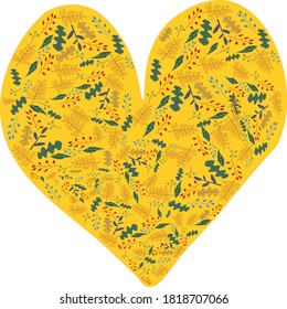 yellow heart with autumn twigs and leaves in vector illustration