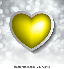 yellow heart banner with drop shadows on Defocused Light, Flickering Lights, Vector abstract festive background with bokeh defocused lights. 