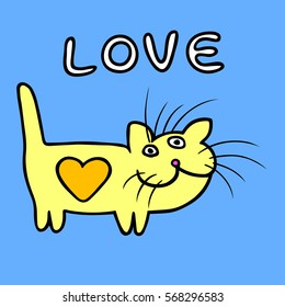 Yellow heart cat on Valentine's day. Funny cartoon cool love character. Contour freehand drawing cute character. Blue color background. Cheerful pet for web and shirt. Isolated vector illustration.