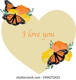 Yellow heart with flowers and butterflies on white