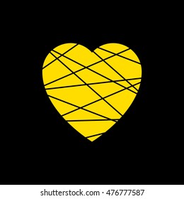 yellow heart icon. Grunge texture shape sign isolated on black background. Vector illustration, Symbol of romantic, love, passion. Abstract design element for t-shirt, holiday or greeting, decoration