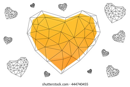 Yellow heart isolated on white background. Geometric rumpled triangular low poly origami style gradient graphic illustration. Vector polygonal design for your business.