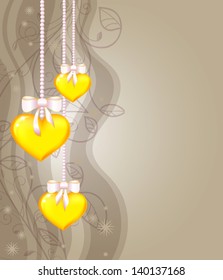 yellow heart on a chain of pearl, beige background, vector