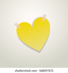 Yellow Heart Paper Sticker With Shadow Valentine's day on Grey Background. Postcard. Vector illustration