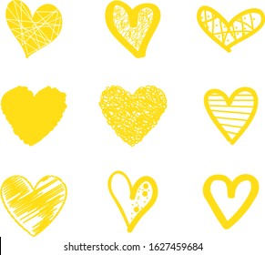 Yellow heart vector. Hand drawn love icon isolated. Collection of heart icon hand drawn vector for love logo, heart symbol, doodle icon and Valentine's day. Painted grunge vector shape