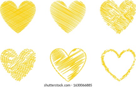 Yellow heart vector. Hand drawn love icon isolated. Collection of heart icon hand drawn vector for love logo, heart symbol, doodle icon, greeting card and Valentine's day. Painted grunge vector shape