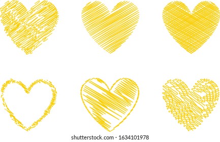 Yellow heart vector. Hand drawn love icon isolated. Collection of heart icon hand drawn vector for love logo, heart symbol, doodle icon, greeting card and Valentine's day. Painted grunge vector shape