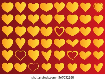 Yellow heart vector icon background set for Valentine's day, medical illustration, love story symbol. Health medical flat logo. Romantic amour beautiful shape