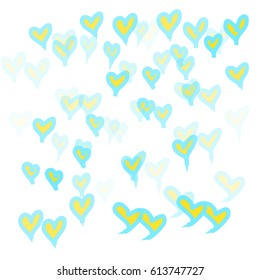 Yellow Hearts of Different Size, Form and Opacity with Light Blue Stroke on White Background