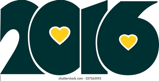 Yellow hearts icon on 2016 dark blue number. Background relative to valentines day