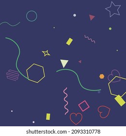 Yellow Hearts Square Simple Dark Colorful Geometry Illustration. Violet Ring Lime Stars Zigzag Pink Green Simple Hipster Art. Pastel Circle Multicolor Purple Rectangle Bright Polygonal Design Pic.