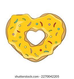 Donut amarillo en forma de corazón. Ilustración vectorial. Aislado sobre fondo blanco