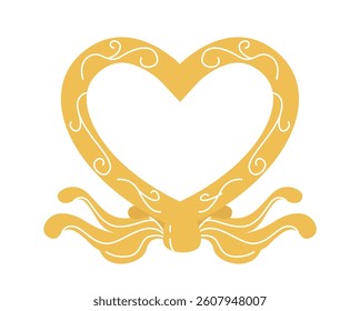 Yellow heart-shaped octopus with swirling tentacles and decorative white patterns, flat cartoon style on white background. Concept of love and sea life. Vector illustration
