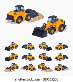 Yellow heavy bulldozer. 3D lowpoly isometric vector illustration. The set of objects isolated against the white background and shown from different sides