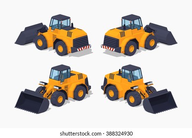 Yellow heavy bulldozer. 3D lowpoly isometric vector illustration. The set of objects isolated against the white background and shown from different sides