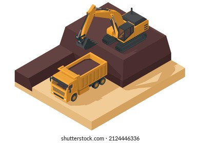 Yellow Heavy Machinery With Dump Truck And Isometric Excavator Working On A Construction Site