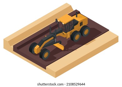 Yellow heavy machinery with isometric motor grader leveling a ground on white background