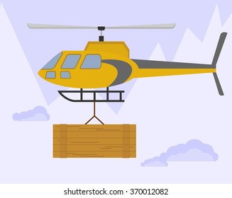 Yellow helicopter carries cargo. Flying over the mountains with a large wooden box. Rescue mission to assist climbers. An avalanche in the mountains. Cartoon flat vector illustration.